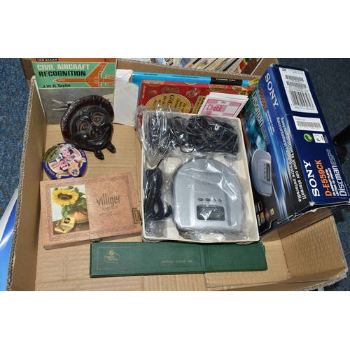 390 - TWO BOXES OF MIXED COLLECTABLES to include a vintage tin of miniature scientific measuring glasses, ... 