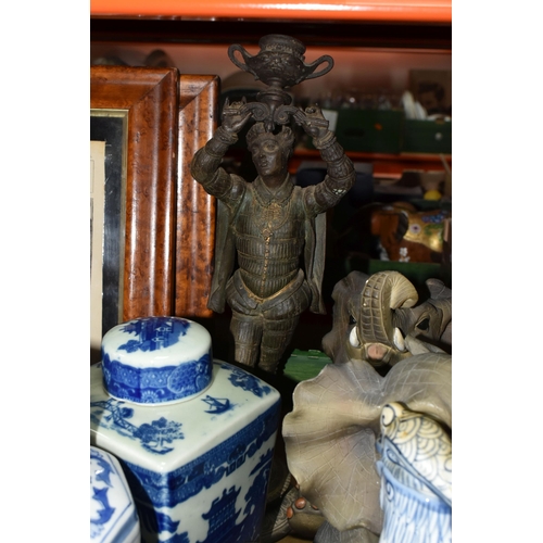 392 - TWO BOXES AND LOOSE CERAMICS, METALWARE AND SUNDRY ITEMS to include four Chinese jars, including one... 