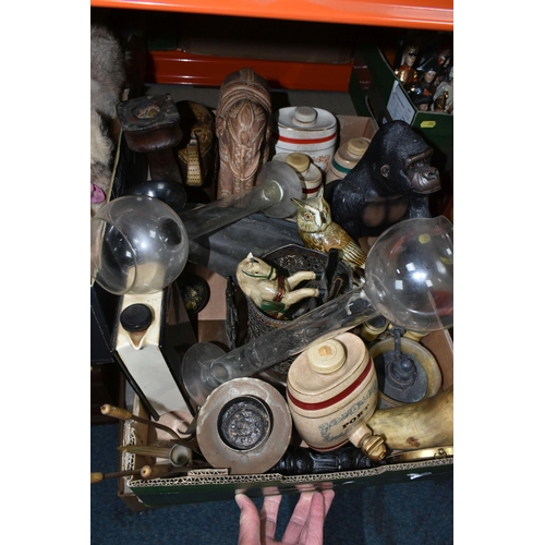 392 - TWO BOXES AND LOOSE CERAMICS, METALWARE AND SUNDRY ITEMS to include four Chinese jars, including one... 