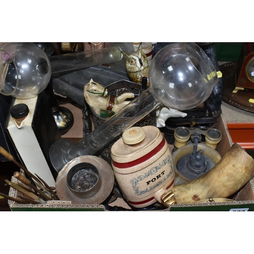 392 - TWO BOXES AND LOOSE CERAMICS, METALWARE AND SUNDRY ITEMS to include four Chinese jars, including one... 