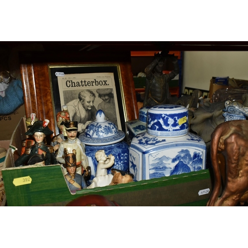 392 - TWO BOXES AND LOOSE CERAMICS, METALWARE AND SUNDRY ITEMS to include four Chinese jars, including one... 