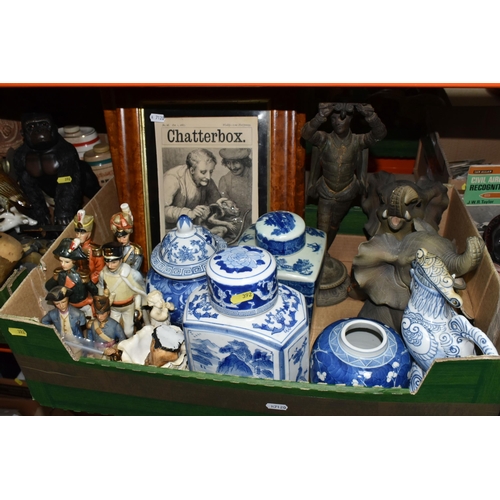 392 - TWO BOXES AND LOOSE CERAMICS, METALWARE AND SUNDRY ITEMS to include four Chinese jars, including one... 