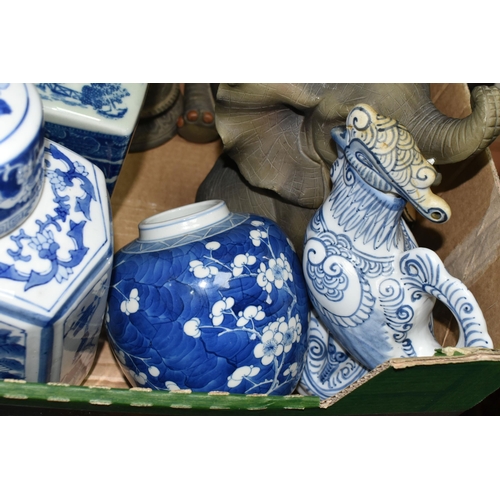 392 - TWO BOXES AND LOOSE CERAMICS, METALWARE AND SUNDRY ITEMS to include four Chinese jars, including one... 