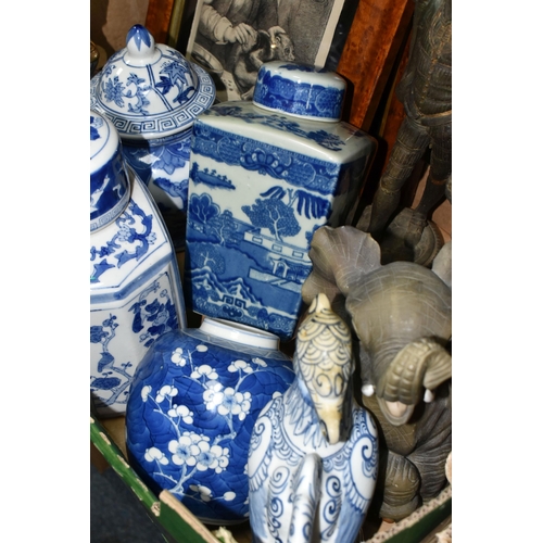 392 - TWO BOXES AND LOOSE CERAMICS, METALWARE AND SUNDRY ITEMS to include four Chinese jars, including one... 