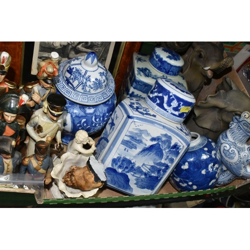 392 - TWO BOXES AND LOOSE CERAMICS, METALWARE AND SUNDRY ITEMS to include four Chinese jars, including one... 