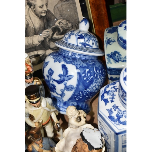 392 - TWO BOXES AND LOOSE CERAMICS, METALWARE AND SUNDRY ITEMS to include four Chinese jars, including one... 