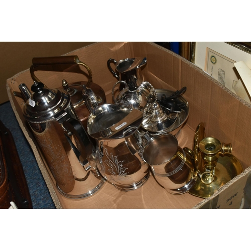 394 - ONE BOX OF MIXED SUNDRIES to include an early 20th century plated coffee pot amongst other plated ki... 