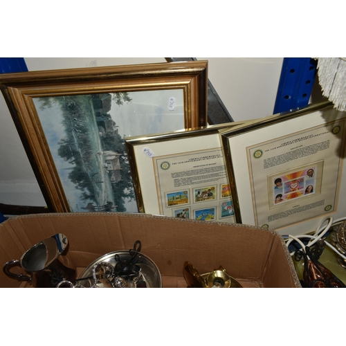 394 - ONE BOX OF MIXED SUNDRIES to include an early 20th century plated coffee pot amongst other plated ki... 