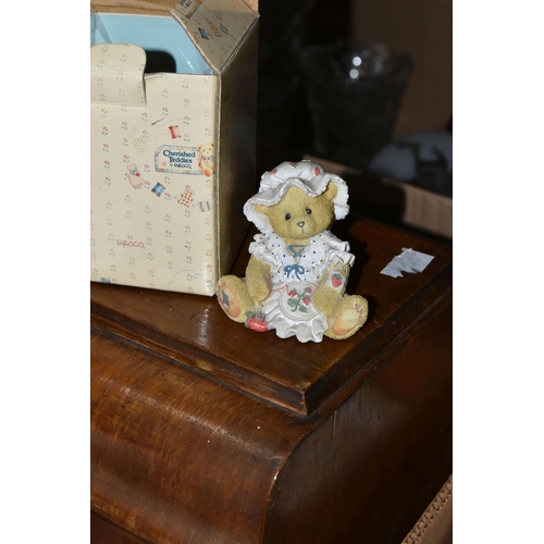 397 - THREE BOXES AND A LOOSE SEWING MACHINE to include eighteen boxed 'Cherished Teddies' consisting 'Gai... 