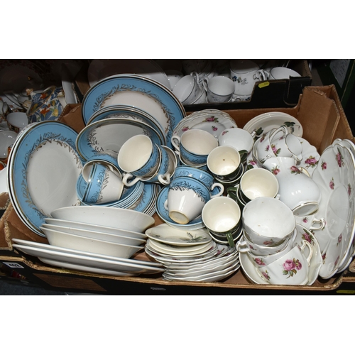 402 - THREE BOXES OF CERAMIC KITCHENWARE, to include an assortment of Czech 'Atlas' orange lusterware, two... 