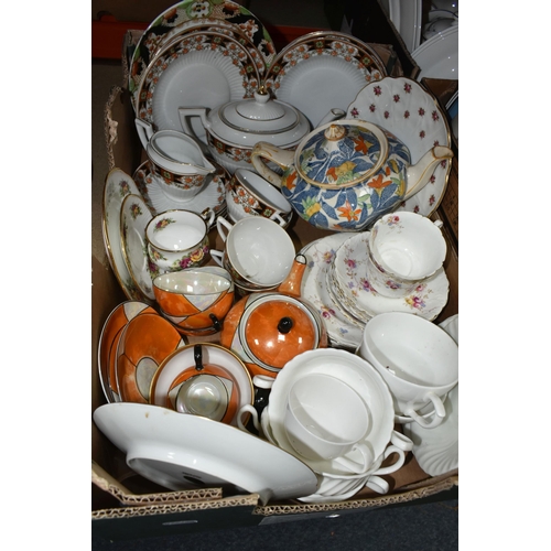 402 - THREE BOXES OF CERAMIC KITCHENWARE, to include an assortment of Czech 'Atlas' orange lusterware, two... 