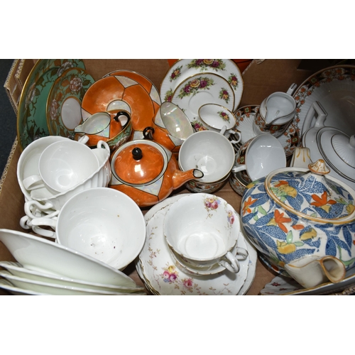 402 - THREE BOXES OF CERAMIC KITCHENWARE, to include an assortment of Czech 'Atlas' orange lusterware, two... 