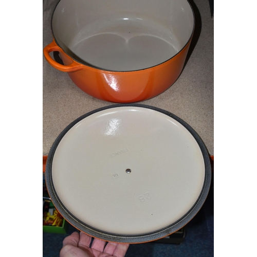 403 - A LARGE ORANGE LE CREUSET 28cm CASSEROLE POT in fair condition with lid (1)