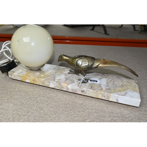 409 - A FRENCH ART DECO TABLE LAMP, marble base, the shade is a dome style frosted glass, a  bronzed metal... 