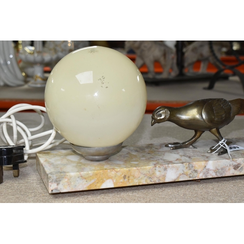 409 - A FRENCH ART DECO TABLE LAMP, marble base, the shade is a dome style frosted glass, a  bronzed metal... 