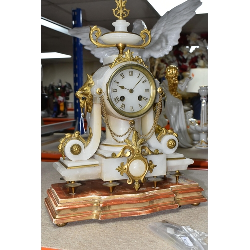 410 - A FRENCH MARBLE MANTEL CLOCK, comprising a marble clock with wooden base separate and key, the movem... 