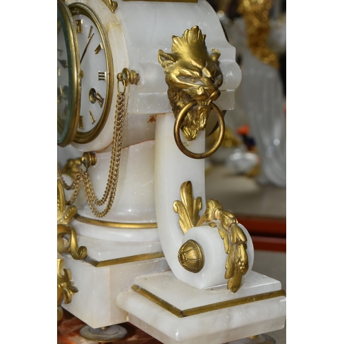 410 - A FRENCH MARBLE MANTEL CLOCK, comprising a marble clock with wooden base separate and key, the movem... 