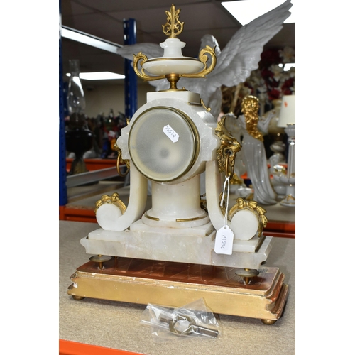 410 - A FRENCH MARBLE MANTEL CLOCK, comprising a marble clock with wooden base separate and key, the movem... 