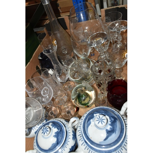 413 - THREE BOXES AND LOOSE OF CERAMICS AND GLASSWARE, including Ulven glass apple, Edinburgh Crystal bud ... 