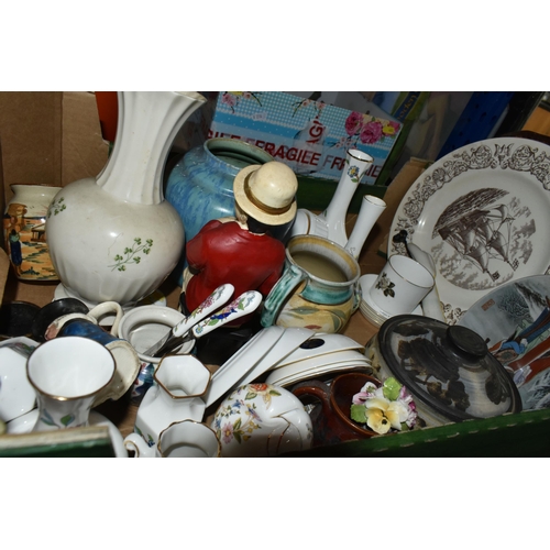 413 - THREE BOXES AND LOOSE OF CERAMICS AND GLASSWARE, including Ulven glass apple, Edinburgh Crystal bud ... 