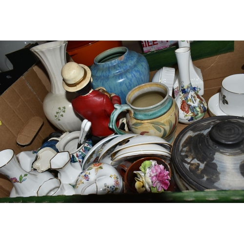 413 - THREE BOXES AND LOOSE OF CERAMICS AND GLASSWARE, including Ulven glass apple, Edinburgh Crystal bud ... 