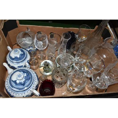 413 - THREE BOXES AND LOOSE OF CERAMICS AND GLASSWARE, including Ulven glass apple, Edinburgh Crystal bud ... 