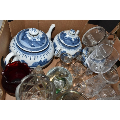 413 - THREE BOXES AND LOOSE OF CERAMICS AND GLASSWARE, including Ulven glass apple, Edinburgh Crystal bud ... 