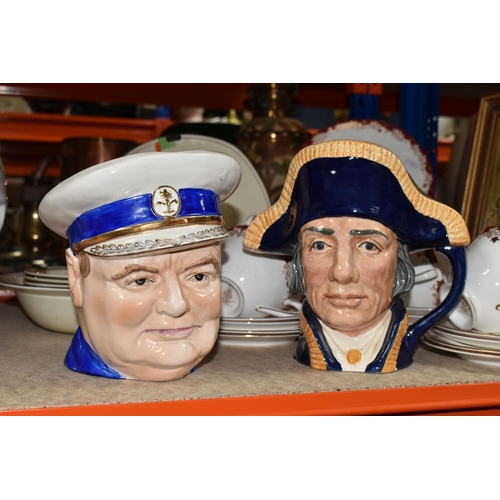 420 - A GROUP OF PORCELAIN DINNERWARE, TWO CHARACTER JUGS, AND A PRINT to include a Royal Doulton 'Winthro... 