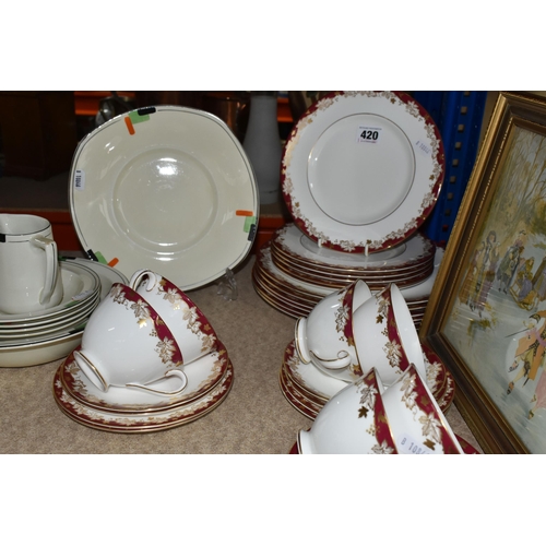 420 - A GROUP OF PORCELAIN DINNERWARE, TWO CHARACTER JUGS, AND A PRINT to include a Royal Doulton 'Winthro... 