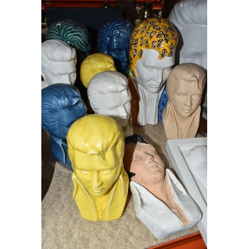 421 - A QUANTITY OF ELVIS DECORATIVE ORNAMENTS to include ten free standing Elvis busts of various sizes a... 