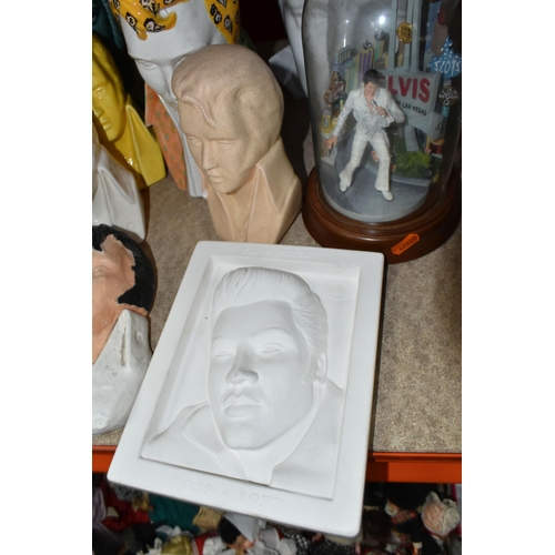 421 - A QUANTITY OF ELVIS DECORATIVE ORNAMENTS to include ten free standing Elvis busts of various sizes a... 