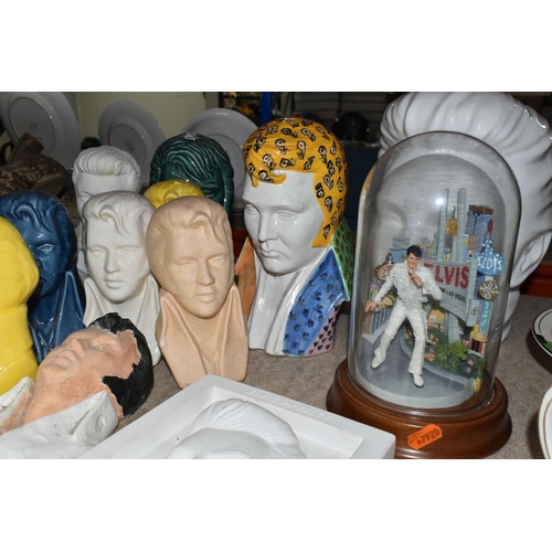 421 - A QUANTITY OF ELVIS DECORATIVE ORNAMENTS to include ten free standing Elvis busts of various sizes a... 