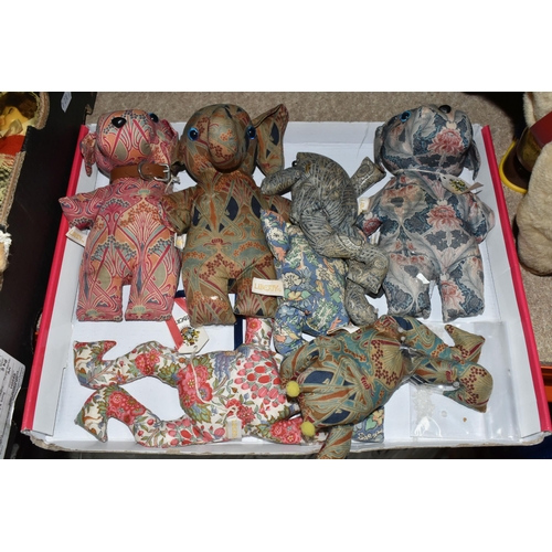 423 - FOUR BOXES AND LOOSE SOFT TOYS AND DOLLS, to include Steiff Brown Cow with Cowbell, No.5477/25, Merr... 