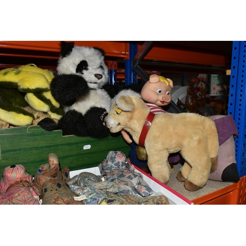 423 - FOUR BOXES AND LOOSE SOFT TOYS AND DOLLS, to include Steiff Brown Cow with Cowbell, No.5477/25, Merr... 