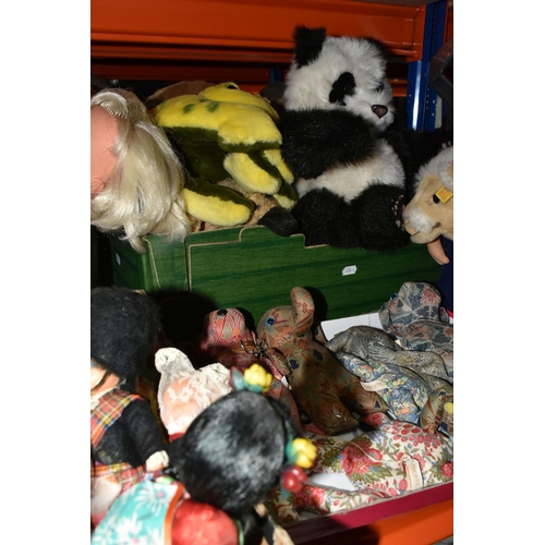 423 - FOUR BOXES AND LOOSE SOFT TOYS AND DOLLS, to include Steiff Brown Cow with Cowbell, No.5477/25, Merr... 