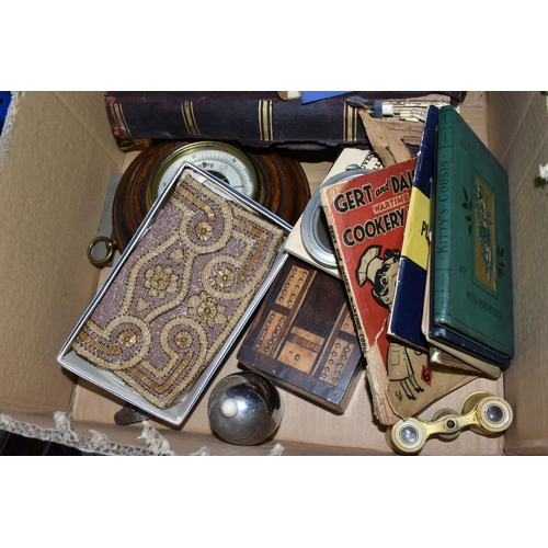 425 - ONE BOX AND LOOSE MISCELLANEOUS SUNDRIES to include an early 20th century seashell decorated jewelle... 