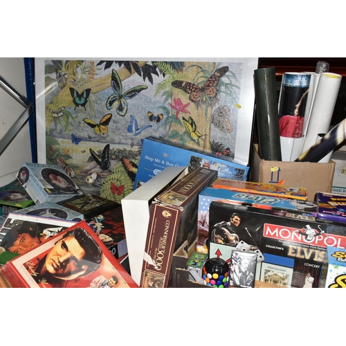 427 - TWO BOXES AND LOOSE GAMES, JIGSAWS AND POSTERS to include a large number of Elvis themed games and p... 