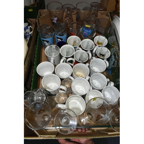 432 - THREE BOXES AND LOOSE ELVIS THEMED GLASSES, MUGS, AND PLATES to include a box of mugs, some with the... 