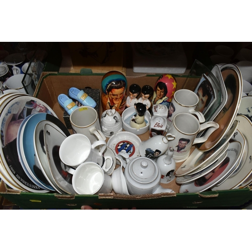 432 - THREE BOXES AND LOOSE ELVIS THEMED GLASSES, MUGS, AND PLATES to include a box of mugs, some with the... 