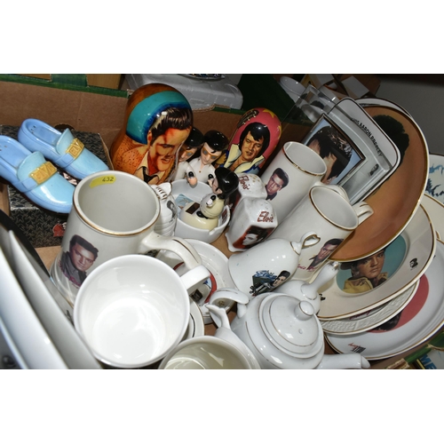 432 - THREE BOXES AND LOOSE ELVIS THEMED GLASSES, MUGS, AND PLATES to include a box of mugs, some with the... 