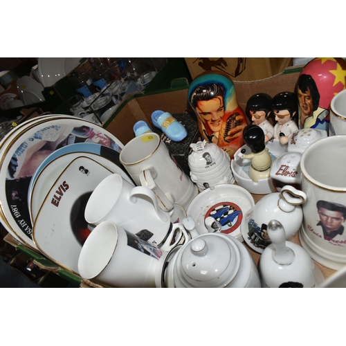 432 - THREE BOXES AND LOOSE ELVIS THEMED GLASSES, MUGS, AND PLATES to include a box of mugs, some with the... 