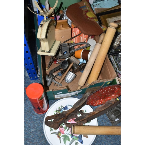 436 - TWO BOXES OF MIXED AND LOOSE MISCELLANEOUS SUNDRIES, to include a pair of vintage ice skates, five v... 