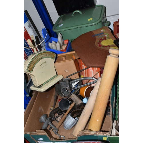 436 - TWO BOXES OF MIXED AND LOOSE MISCELLANEOUS SUNDRIES, to include a pair of vintage ice skates, five v... 