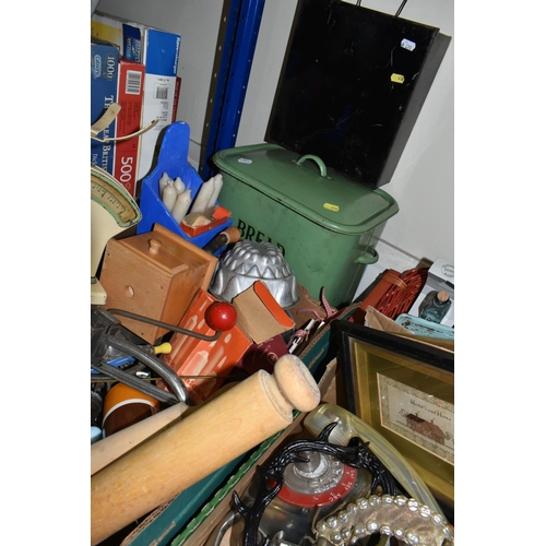 436 - TWO BOXES OF MIXED AND LOOSE MISCELLANEOUS SUNDRIES, to include a pair of vintage ice skates, five v... 