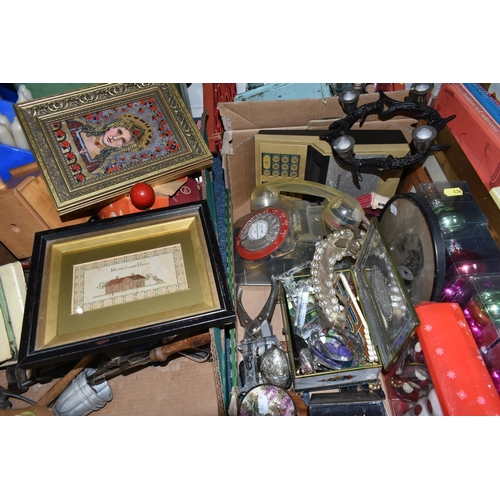 436 - TWO BOXES OF MIXED AND LOOSE MISCELLANEOUS SUNDRIES, to include a pair of vintage ice skates, five v... 