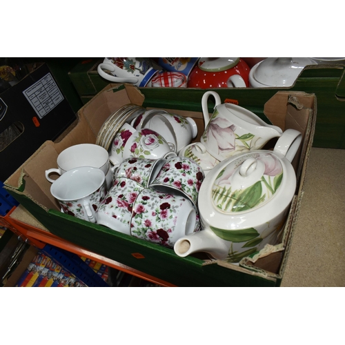 441 - FIVE BOXES OF CERAMICS AND GLASSWARE, to include tea sets, kitchen storage jars, teapots, a Murano s... 