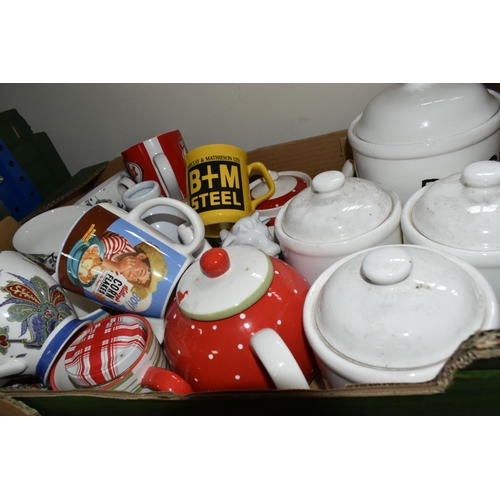 441 - FIVE BOXES OF CERAMICS AND GLASSWARE, to include tea sets, kitchen storage jars, teapots, a Murano s... 