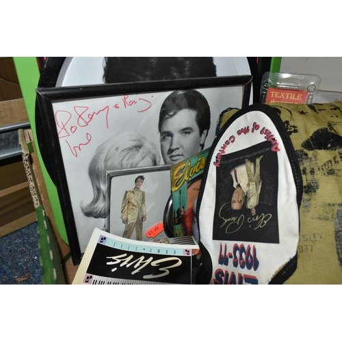 443 - TWO BOXES OF ELVIS THEMED MEMORABILIA AND ORNAMENTS, to include, ornaments, hand bags, purses, tin t... 