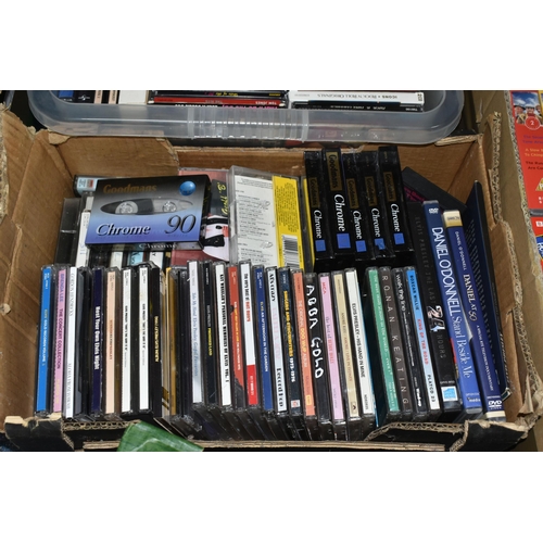 449 - FIVE BOXES OF VHS VIDEO CASSETTES AND CDs, over one hundred CDs, artists include Elvis, Roy Orbison,... 