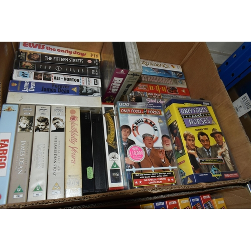 449 - FIVE BOXES OF VHS VIDEO CASSETTES AND CDs, over one hundred CDs, artists include Elvis, Roy Orbison,... 